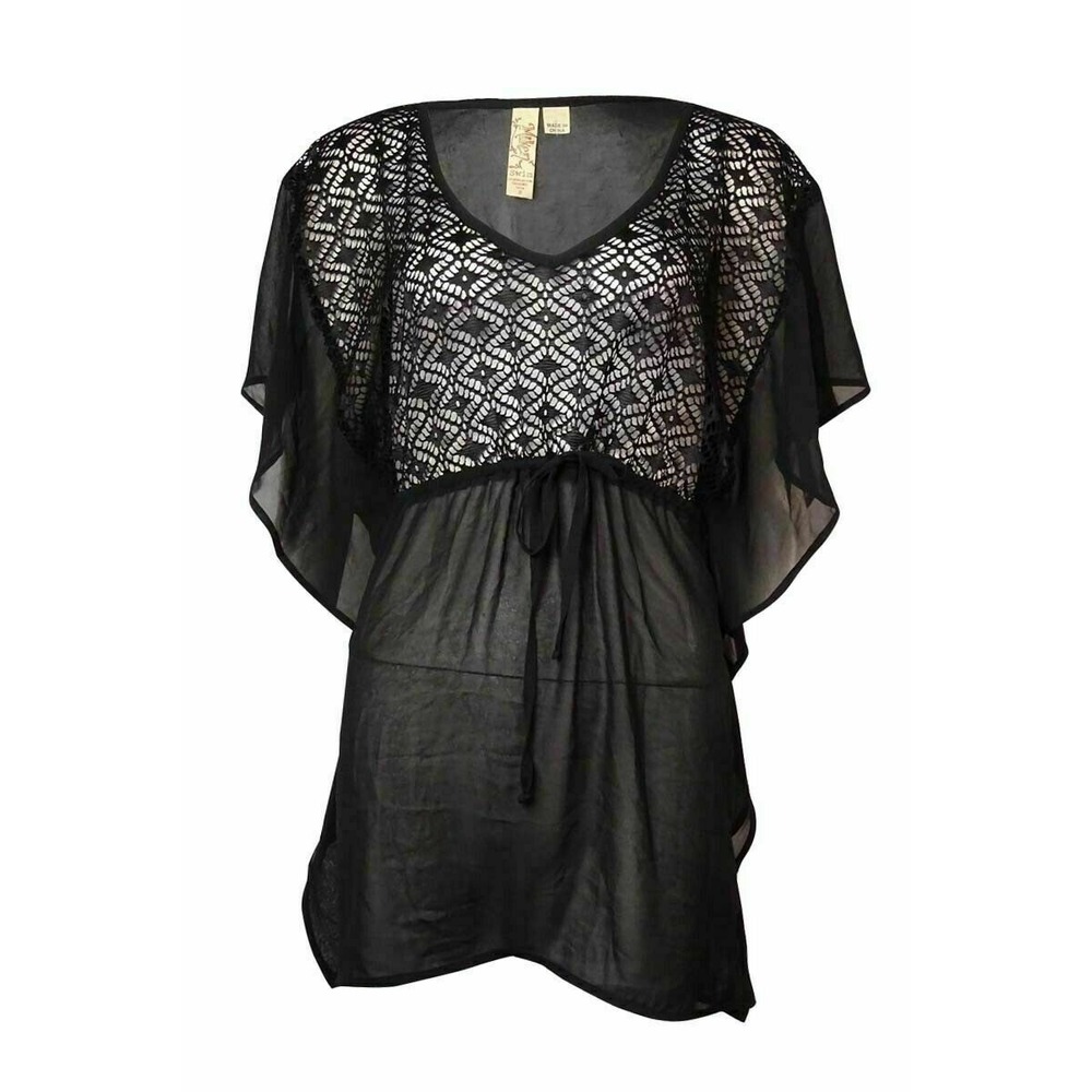 Miken Swimsuit Cover-Up Women's Size Medium Black Crochet Front Chiffon NEW